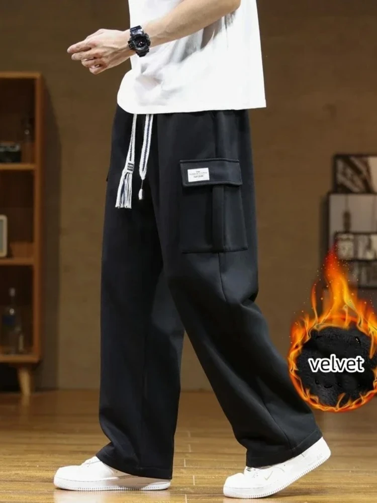 

Зимние бархатные флисовые спортивные штаны, мужские мешковатые брюки-карго, нейтральные дышащие свободные уличные однотонные широкие брюки