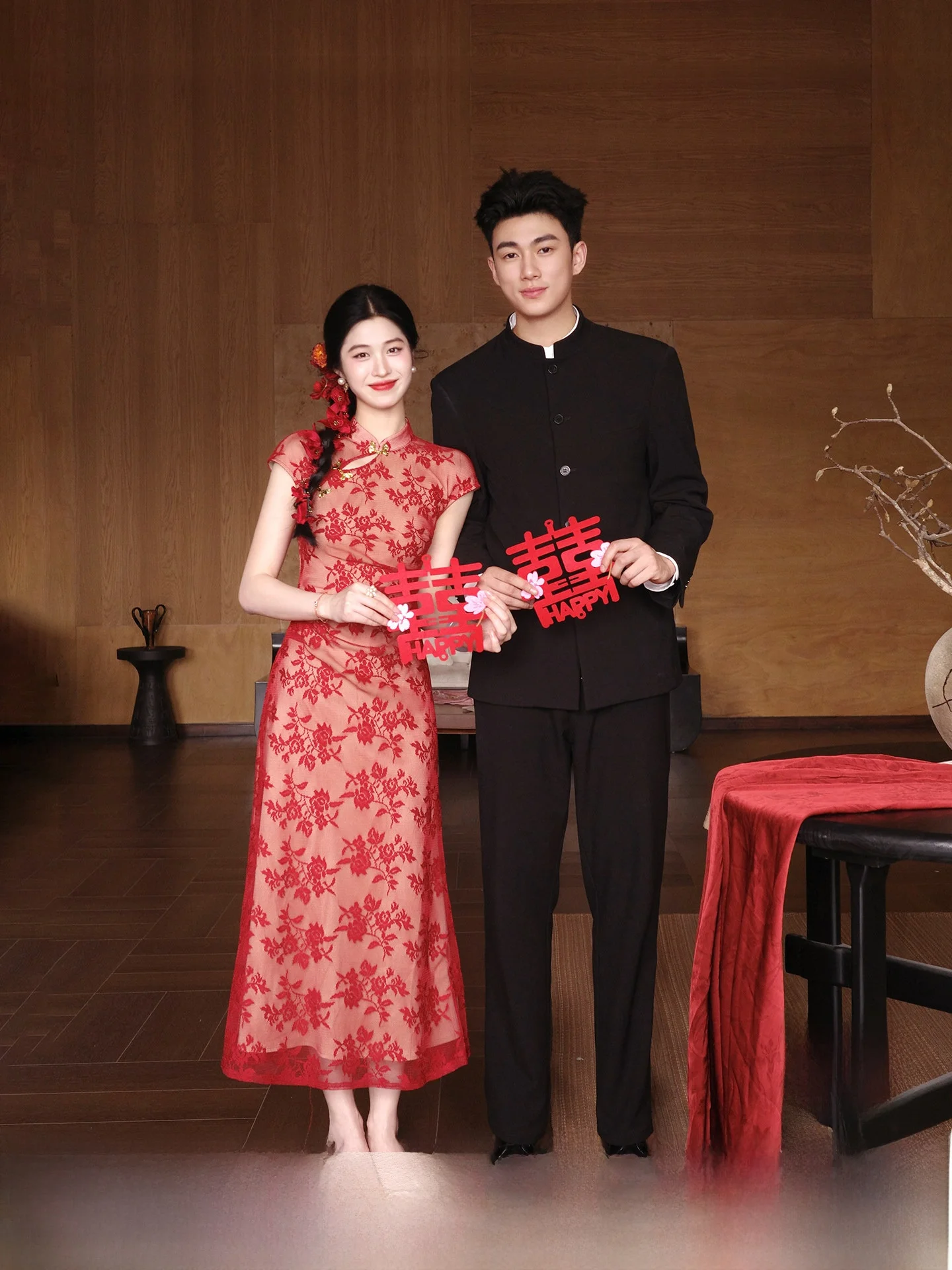 Red Lace Engagement Qipao Dress Floral Netting Summer Women's Dress Vintage Style Long Slanting Collar Short Sleeve Qipao