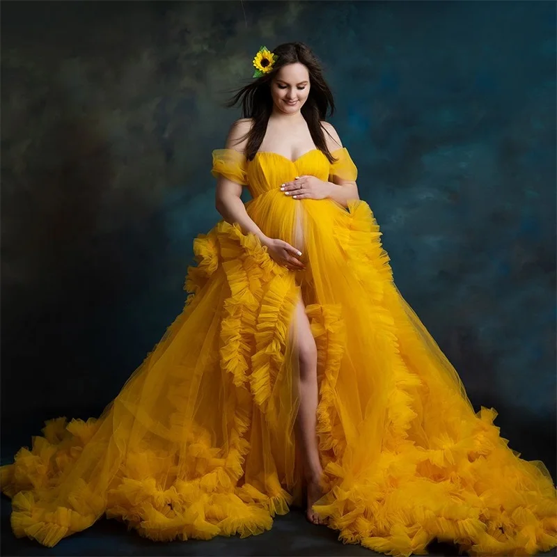 Yellow Maternity Dresses for Photo Shoot Ruffles Tulle Robe Puffy Mesh Sweetheart Pregnant Short Sleeves Custom Made Prom Dress