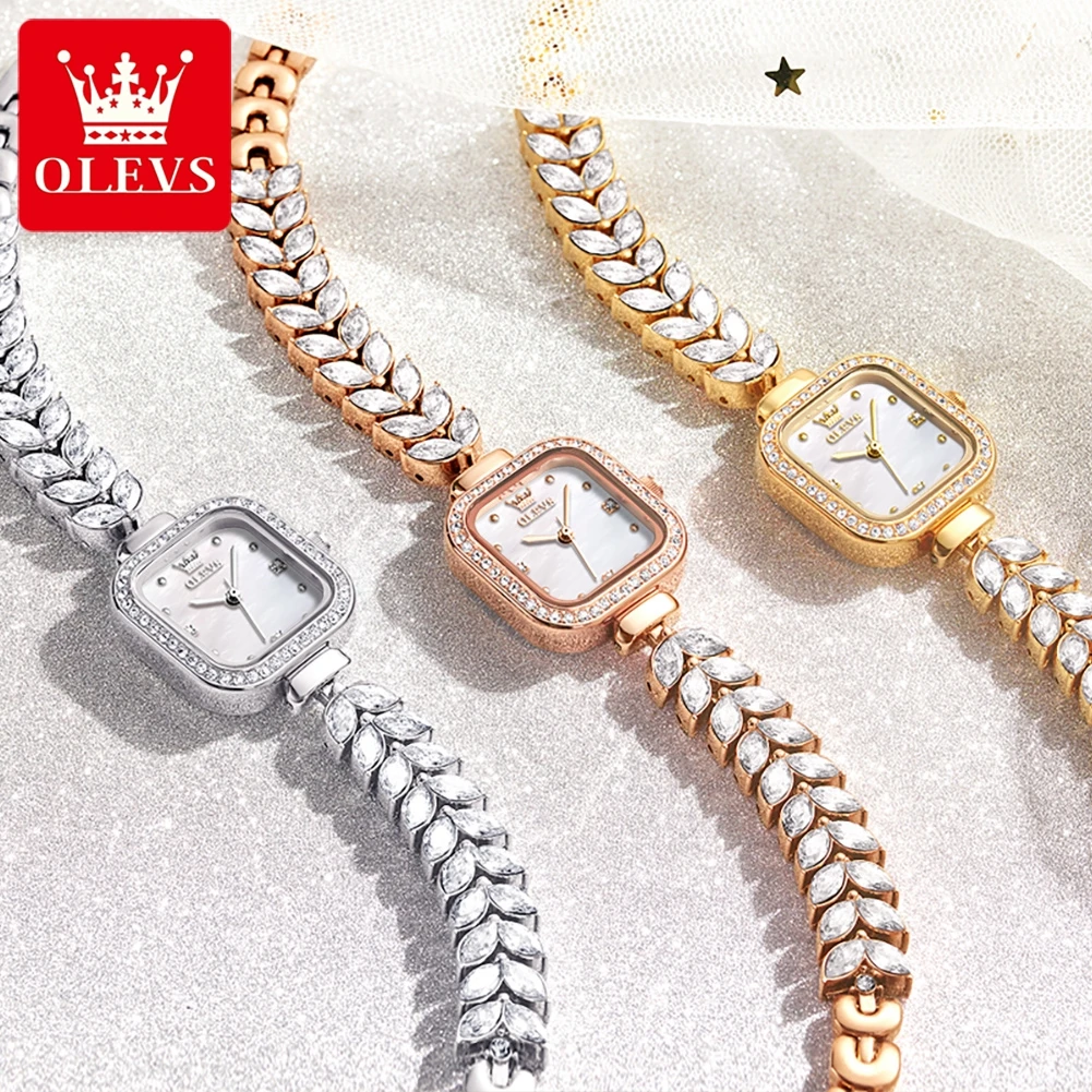 OLEVS Brand Original Women\'s Watches Luxury Fashion Waterproof Fishbone Chain Bracelet Quartz Watch With Diamonds Square Dial