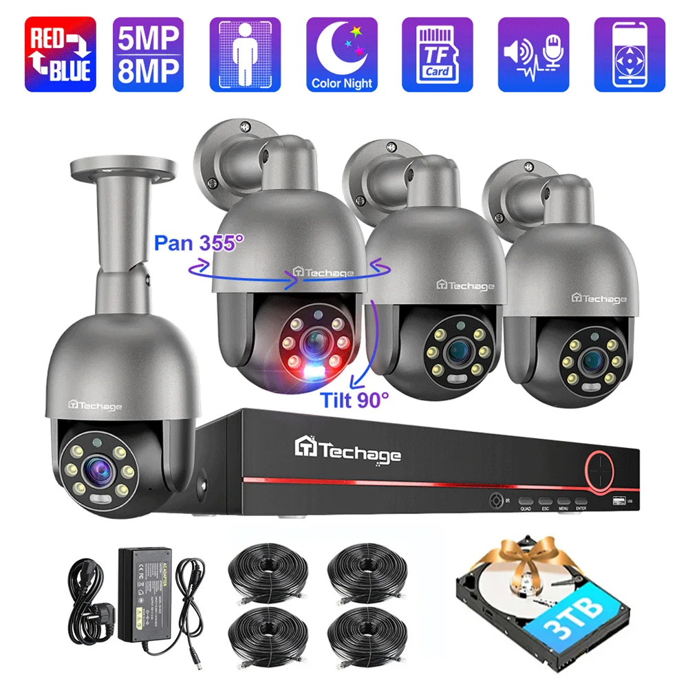 Telecamera IP POE di Sicurezza H.265 8CH 4K PTZ 2K 5MP 8MP con Visione Notturna a Colori e Audio
