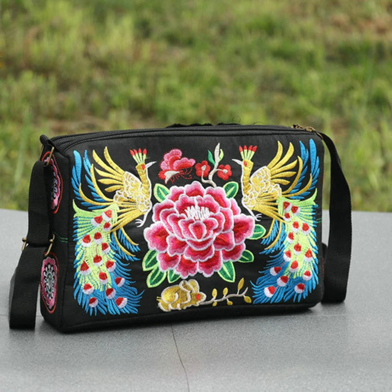 Shoulder Bag Yunnan Ethnic Style Embroidered Bag Crossbody Bag Women Bag Enlarged Three Zipper Fabric Bag Large Capacity Square