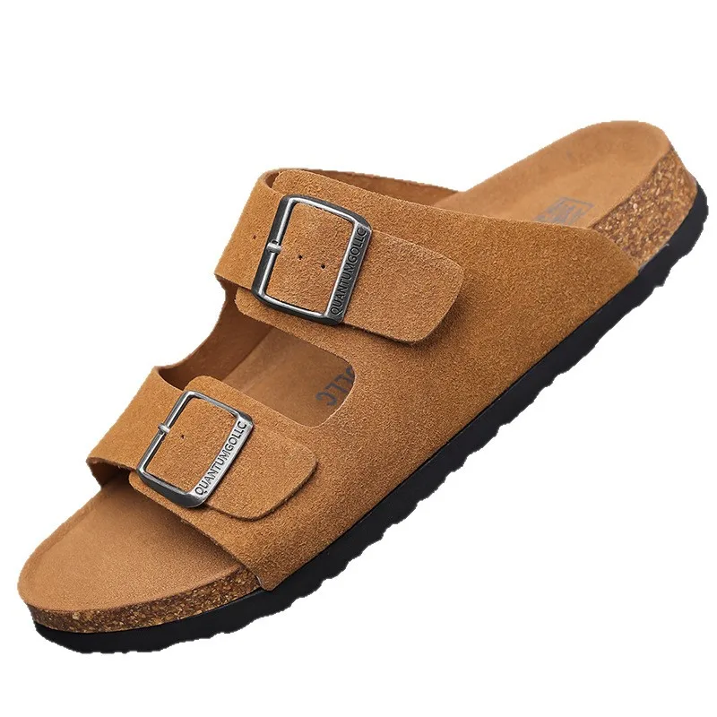 

Новые дизайнерские замшевые тапочки из коровьей кожи для мужчин, летние тапочки в стиле ретро с двойной пряжкой, мужские однотонные модные повседневные мужские шлепанцы