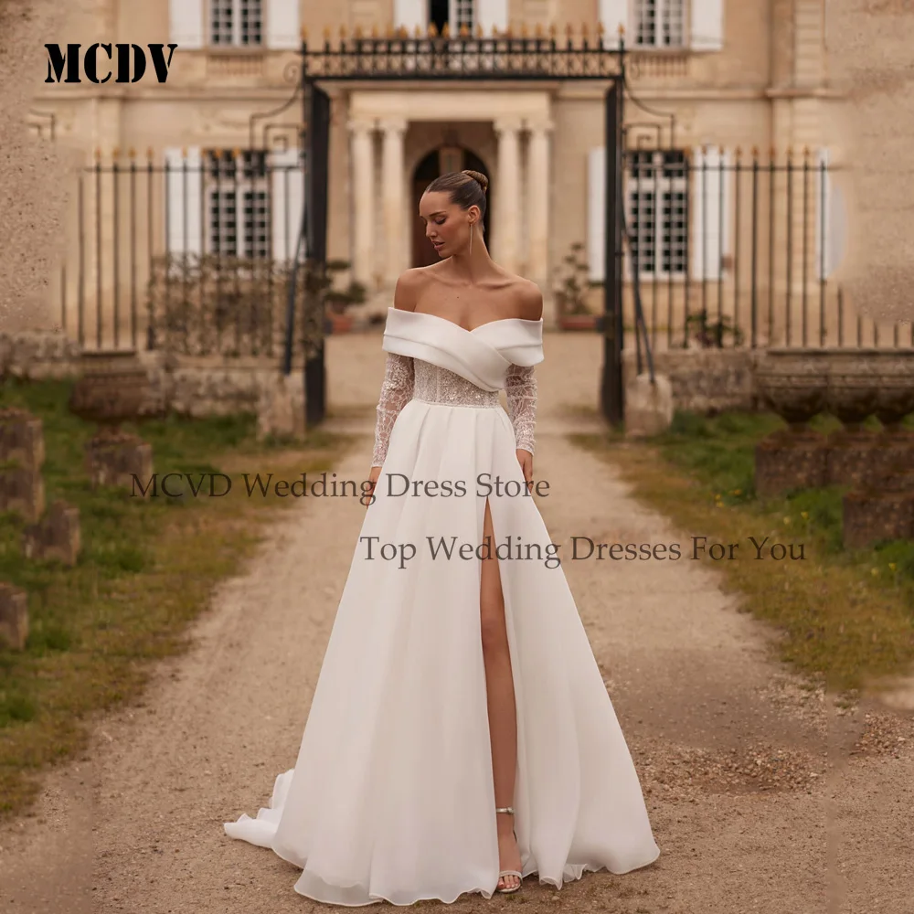 

MCDV Organza Wedding Dresses Women Beaded Split Corset V-Neck Bride Gowns Full Sleeve A-Line Elegant robe de mariée Customized