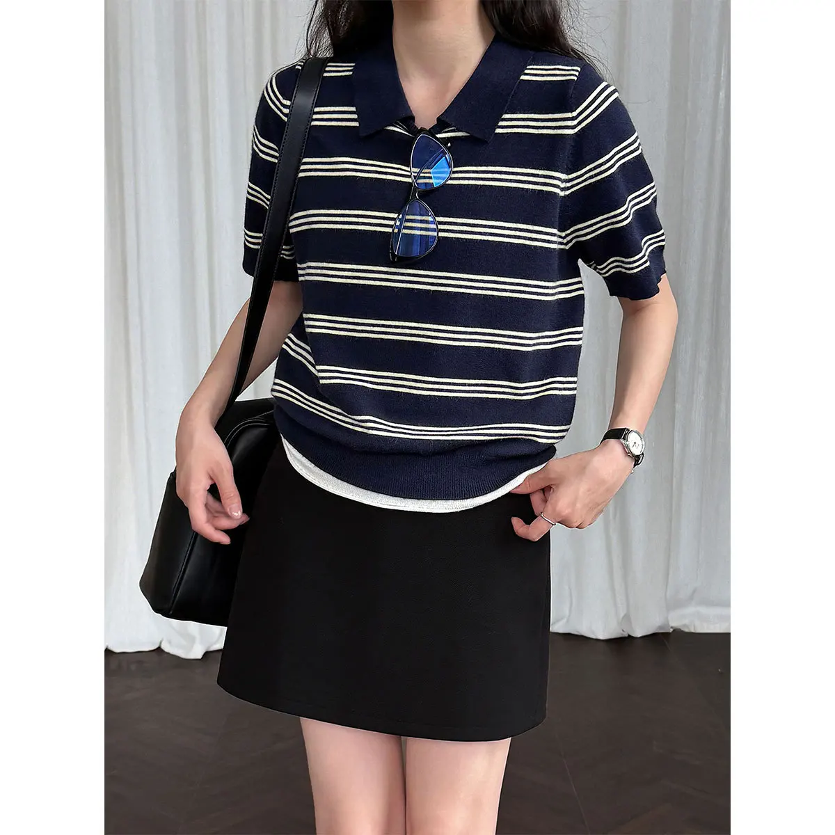 

Korean Striped Lapel-neck Knitted Sweater Top Women's Autumn New Contrasting Color Casual Commuter Short-sleeved T