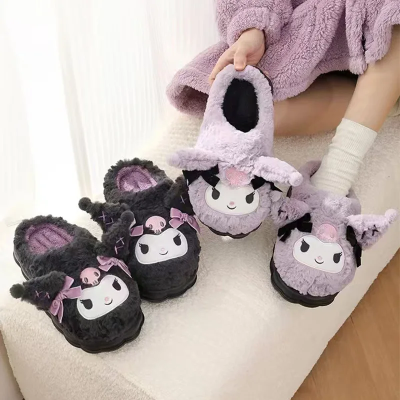 Sanurgente-Pantoufles en peluche rembourrées douces pour filles, Kuromi, Kawaii, mignonnes, chaussures décontractées pour chambre à coucher, étudiant, Noël, automne, hiver, nouveau