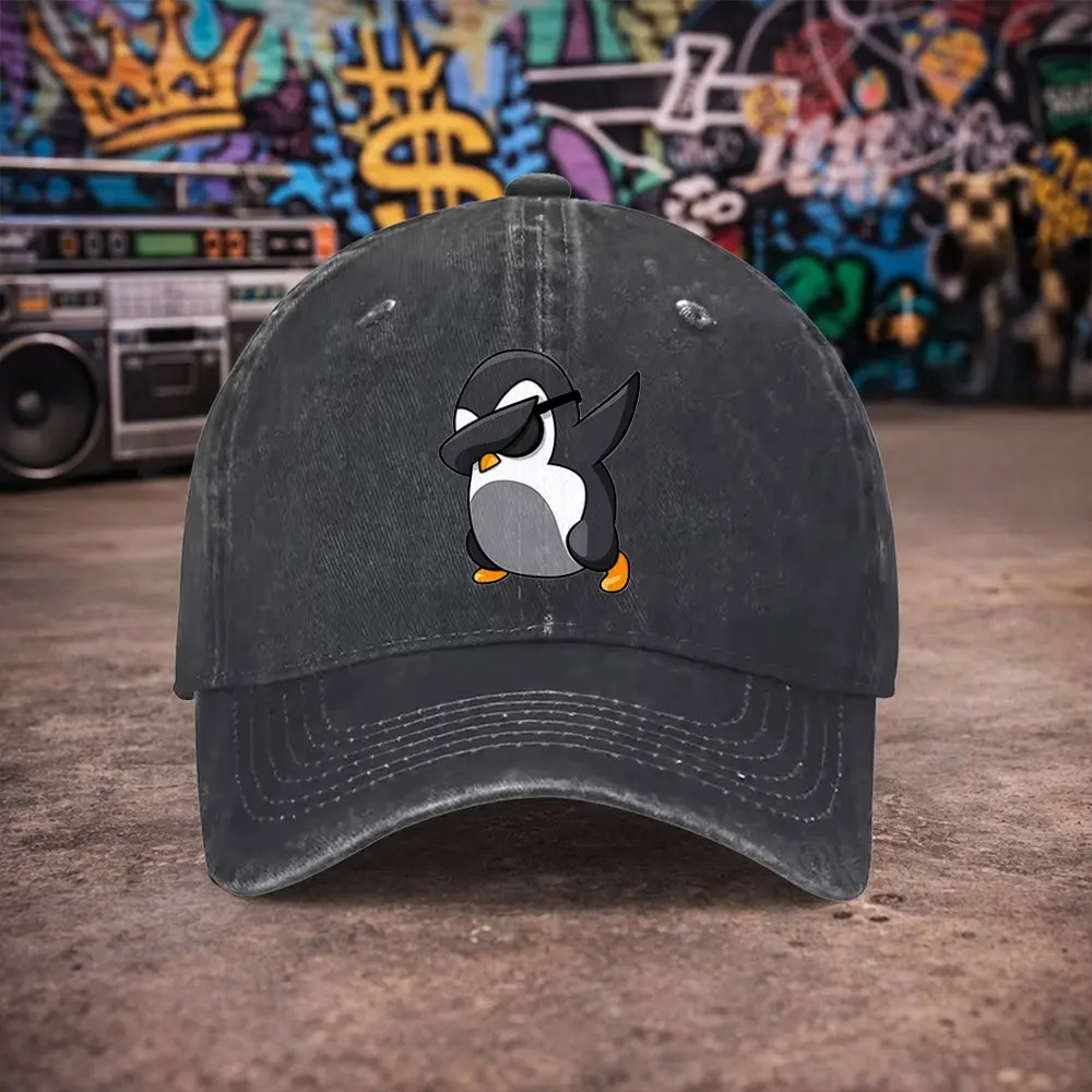 1pc Unisex Hip-Hop Greeting Penguin Vintage Washed Baseball Cap - Men's Trendy Hat - Versatile Duckbill Cap - Fun Print - A Uniq