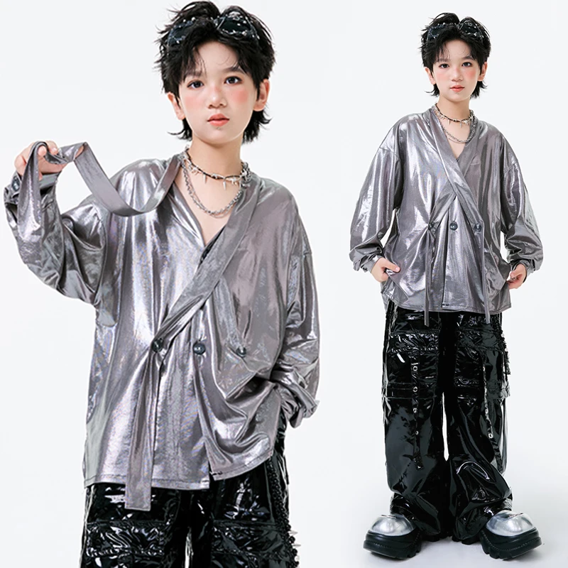 

Boys Jazz Dance Costume Silver Top Black Pants Children School Show Performance Clothing Fashion Hip Hop Street Dance Wear 2906