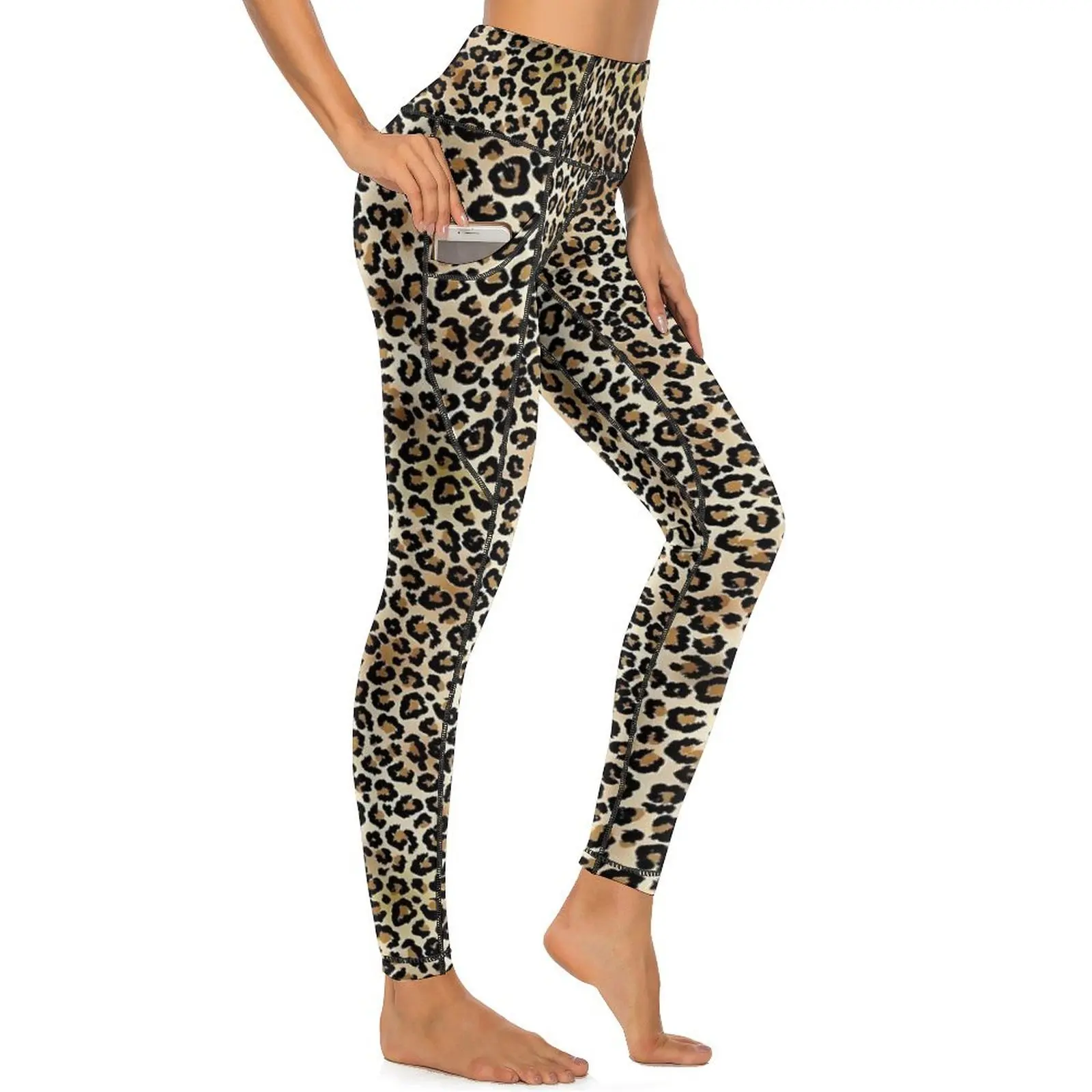 Brown Leopard Print Yoga Pants Pockets Animal Leggings Sexy High Waist Novelty Yoga Sports Tights Stretchy Fitness Leggins