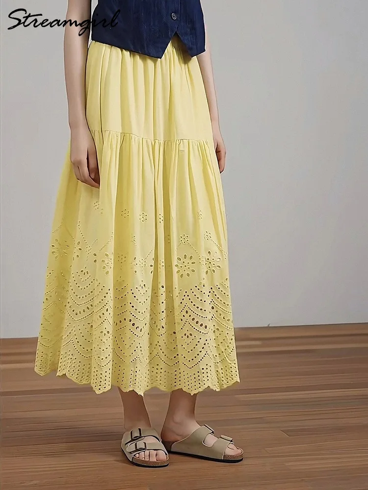 

Cotton Skirts For Women Midi Length High Waist A Line Hook Embroidered Skirt White Long Hollow Out Yellow Skirts Summer Lady