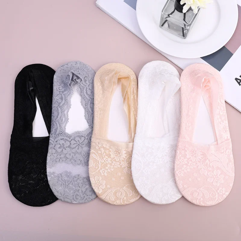 1/5Pairs Fashion Women Girls Summer Socks Style Lace Flower Short Sock Silicone Non-Slip Invisible Breathable Boat Ankle Socks