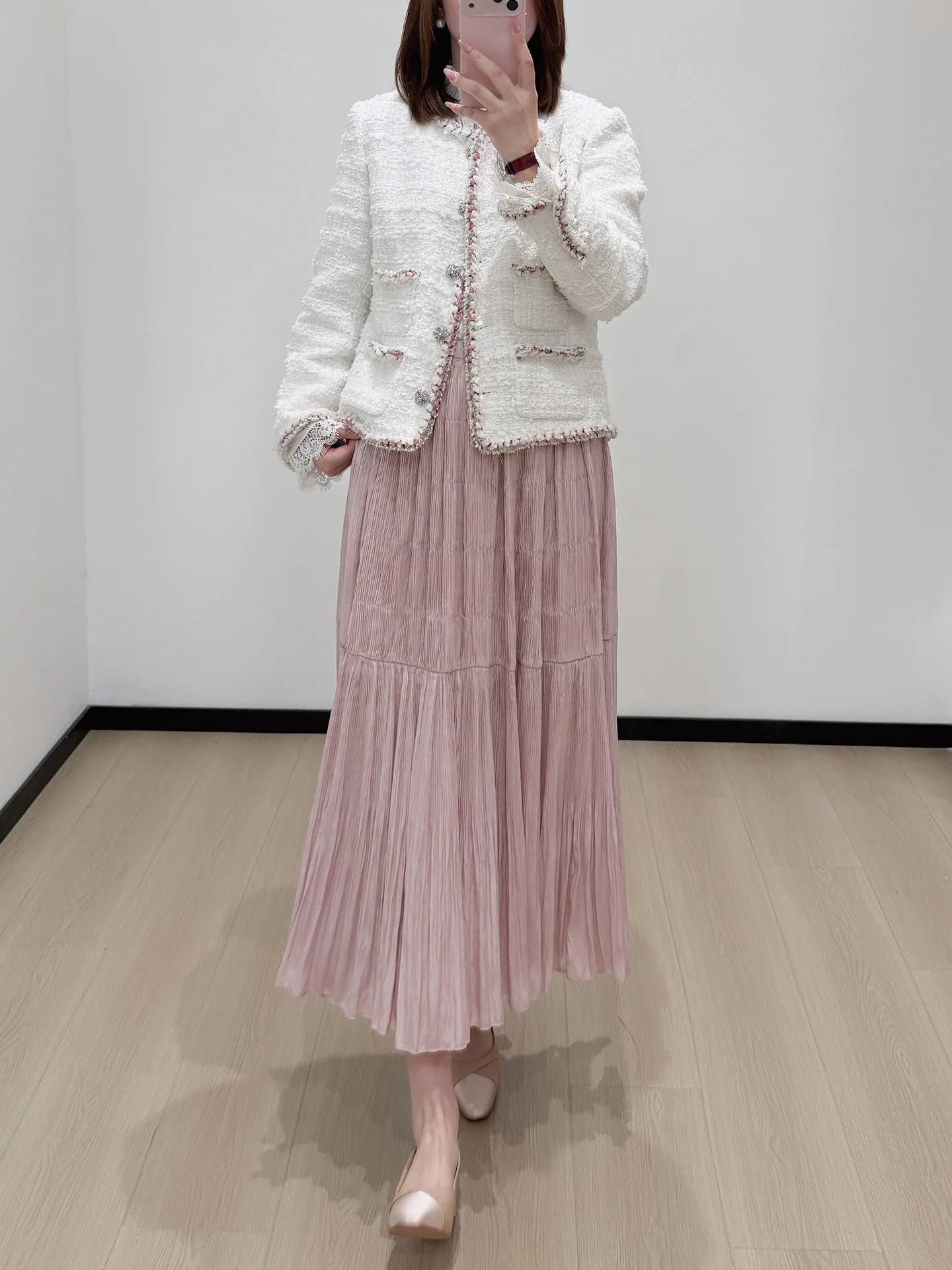 

Heavyweight Long Pleated Skirt 5 Meters Spring Summer Women's Straight Cut mid Waist Other Material Other Processed Fabric