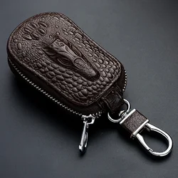 Genuine Leather Crocodile Pattern Zipper Cover Cowhide Car Key Wallet Case Mini Waist Trailer Key Bag Unisex with Metal Buckle