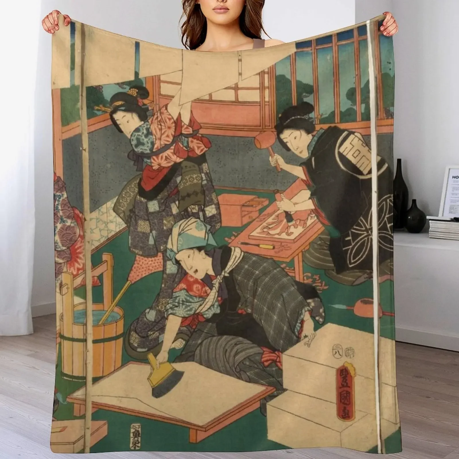 

Japanese Artisans japanese art woodblock stamp print vintage antique art Throw Blanket Softest Beautifuls Summer Blankets