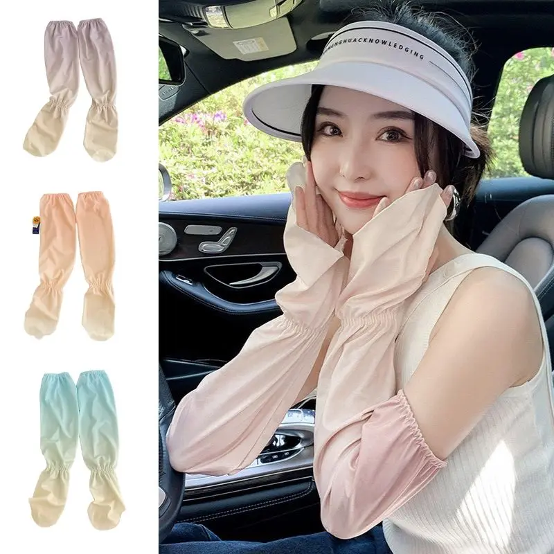 Gradient Loose Ice Silk Arm Sleeve Women Summer Sun Protection Long Sleeves Large Uv Solar Outdoor Cycling Driving Arm Cover