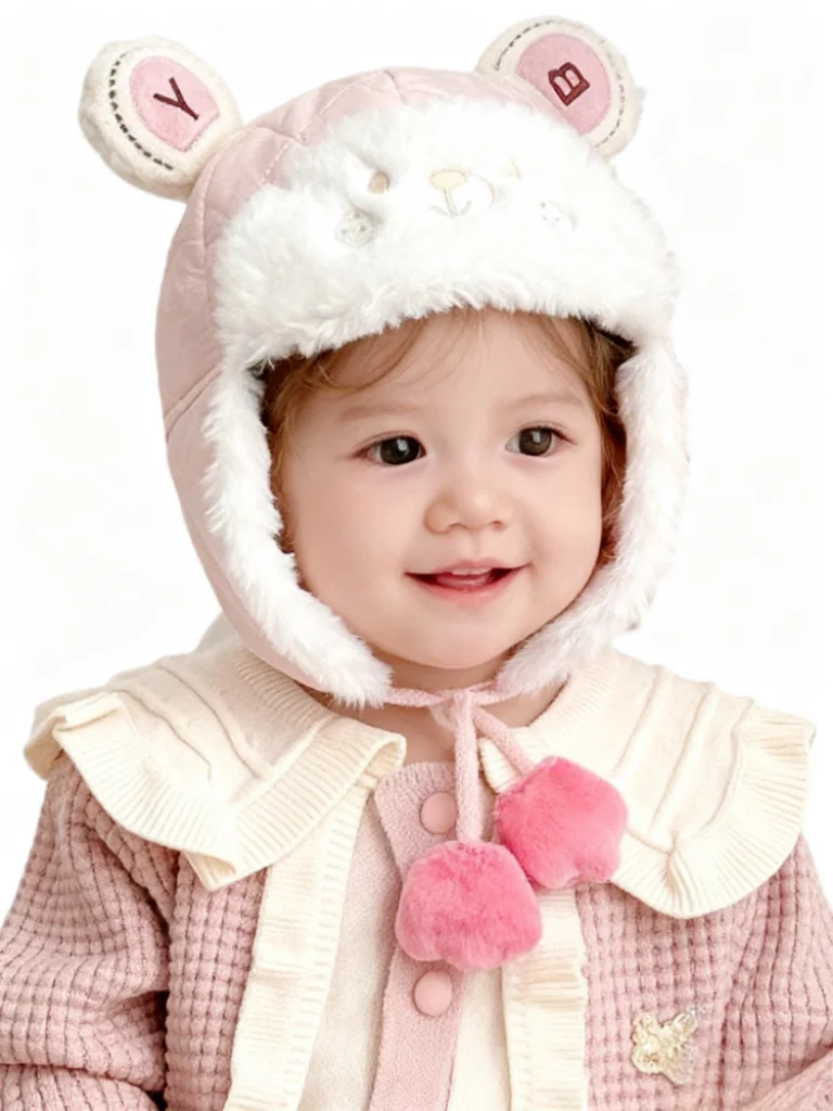 

Baby Cartoon Bear Plush Baby Hat Winter No-Brim Cap Cute Warm Thickened Cotton Children's Ear Protection Hat