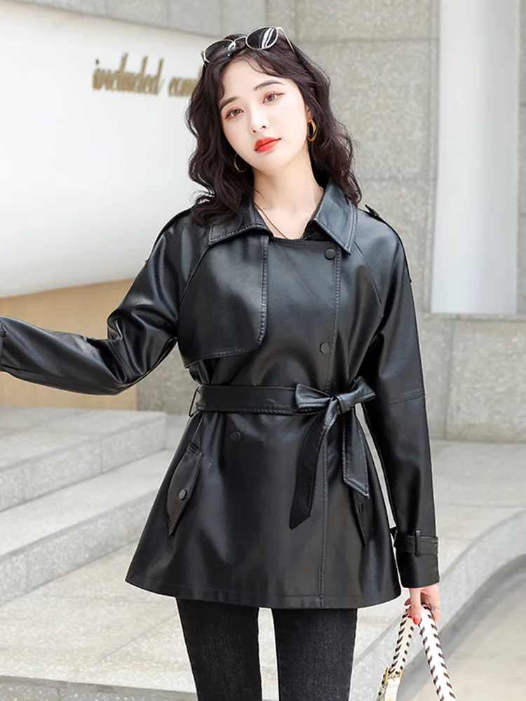 New Women Leather Trench Coat Spring Autumn Casual Fashion Turn-down Collar Long Sleeve Belt Sheepskin Jacket Loose Outerwear