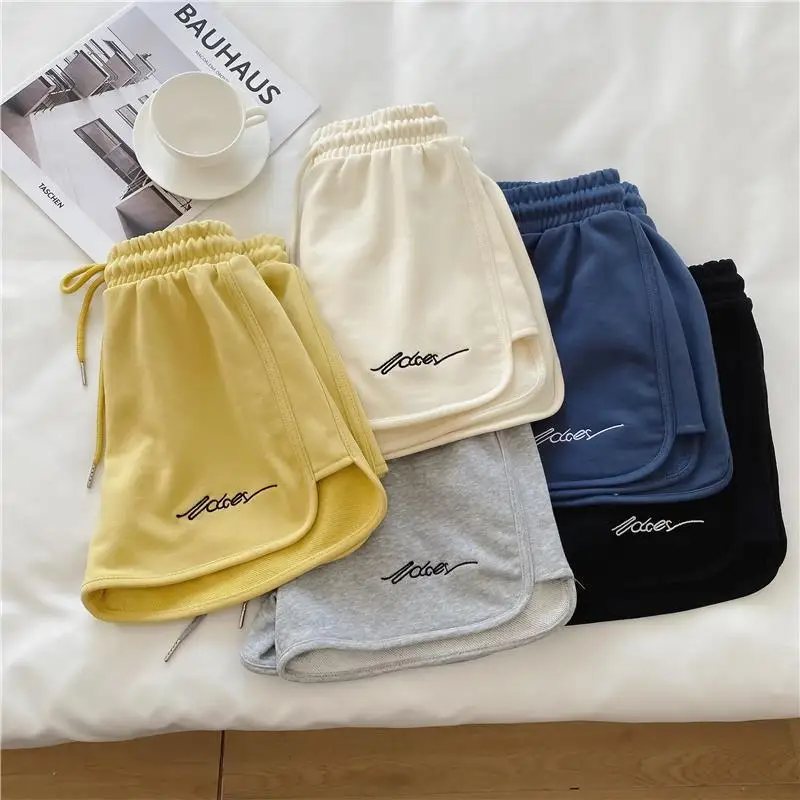 New Women Summer Short Pants Embroidery Letters Drawstrings Elastic Waistband High Waist Shorts Ladies Short Tight Trousers