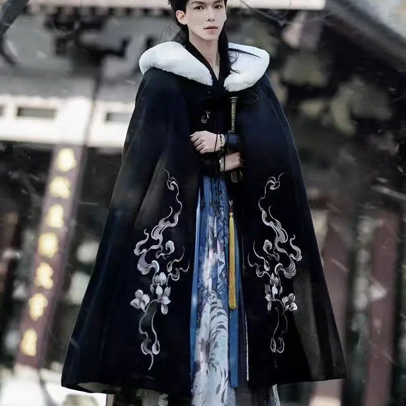 Costume da uomo tradizionale Hanfu blu antico cinese con colletto incrociato ricamato per ragazzi, costume cosplay di arti marziali di Halloween