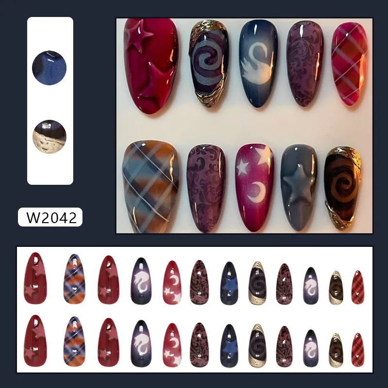 24pcs uñas postizas almendra estilo Y2K, diseño luna y estrella, patrón de cisne, uñas press-on dulces y geniales de cobertura completa 2