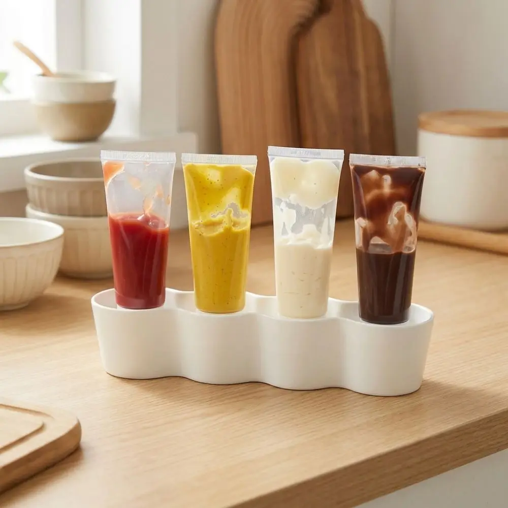 4 Slots Sauce Tube Storage Holder 3D Printing Plastic Condiment Tube Rack Prevent Sauce Tipping Wave Shaped