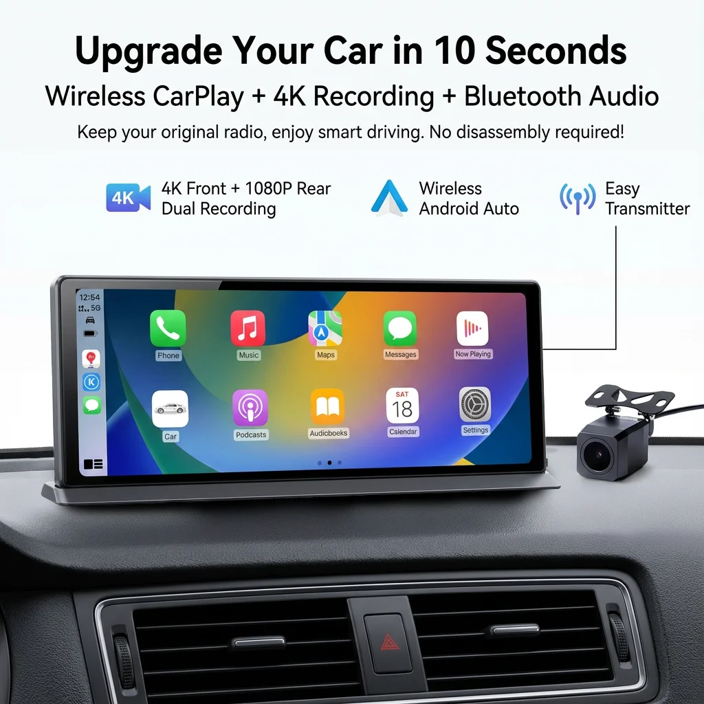 

4K видеорегистратор для автомобиля с беспроводным CarPlay и Android Auto, 11,3-дюймовый сенсорный экран, двойная камера 1080P для заднего вида