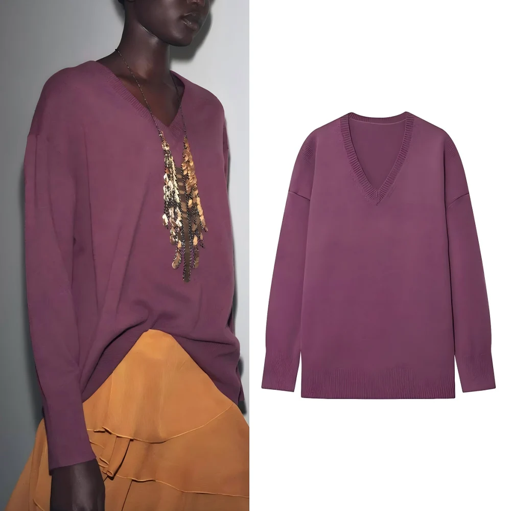 

Женский 2021, новый модный свободный мягкий текстурированный повседневный вязаный свитер с v-образным вырезом в стиле ретро, женский пуловер с длинными рукавами, шикарный топ