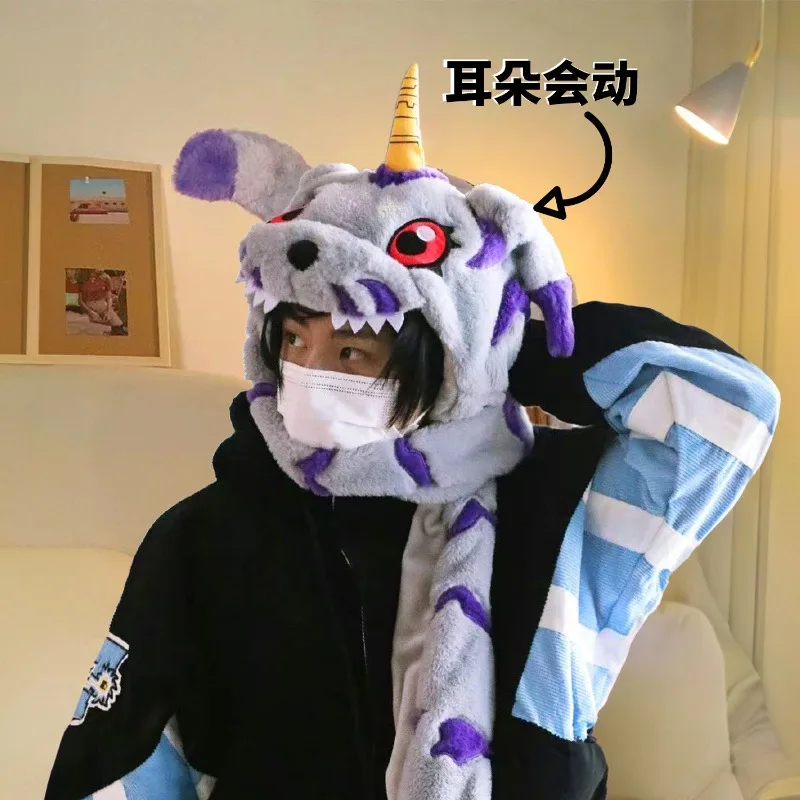 Digimon animation peripherals Kawaii Gabumon plush hat hat scarf gloves three-in-one cute ears movable plush toy gift wholesale