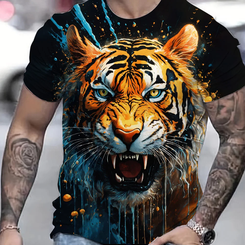 Animal Print O-neck T Shirt Men Cool Fierce Tiger Graphic Print Short Sleeve Clothing Summer Breathable Outdoor Sports T-shirt