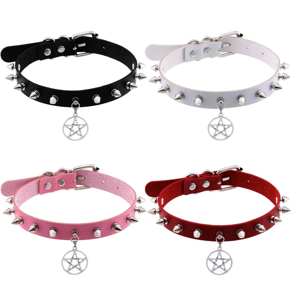 Punk Gothic Personality Sexy Rock and roll Original design Five-pointed star Multicolored Leather Stainless steel Clavicle chain