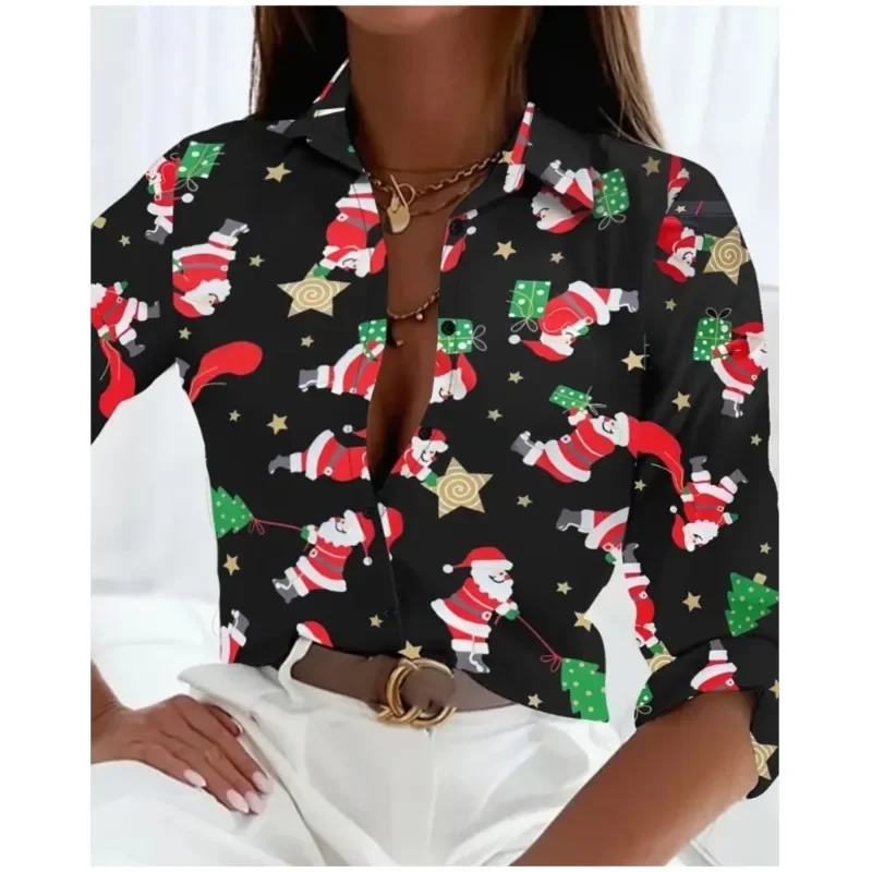 2024 New Autumn Clothing Elegant Women\'s Long Sleeved Shirt Street Commuting Style Christmas Printed Patterns Blouses Tops Femme