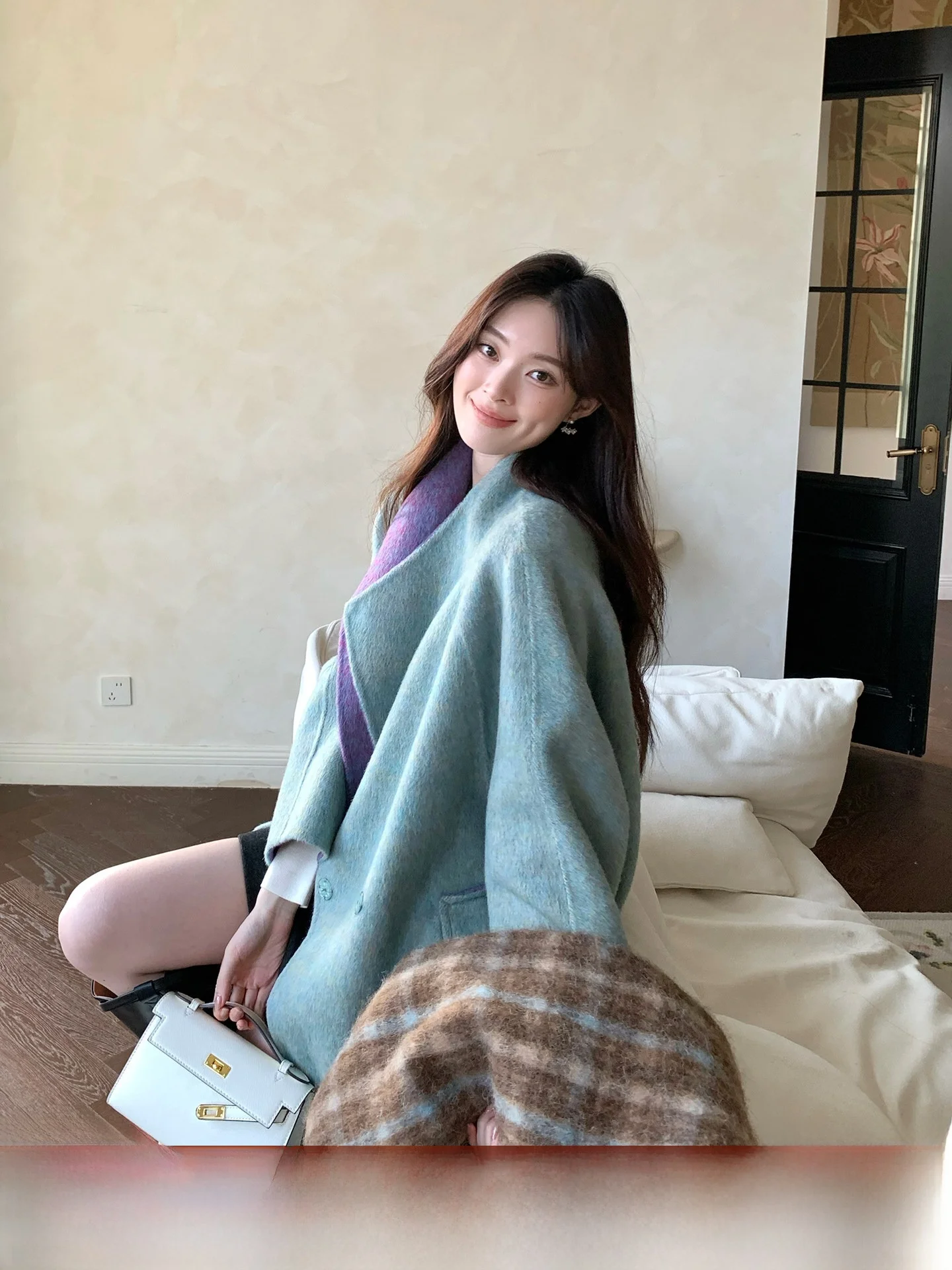 

Двустороннее шелковое шерстяное пальто INON для женщин, осенне-зимнее, ручной работы, с большим воротником, из кроличьего меха, длинное