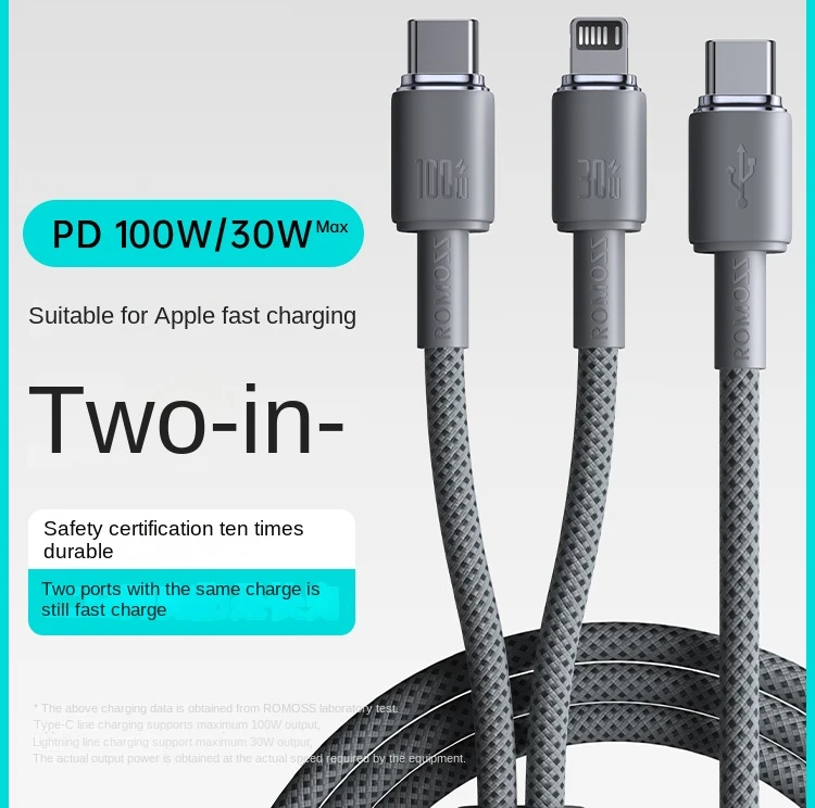 2-in-1 Type-C dual-head charging cable 100w Super fast charge pd one drag two