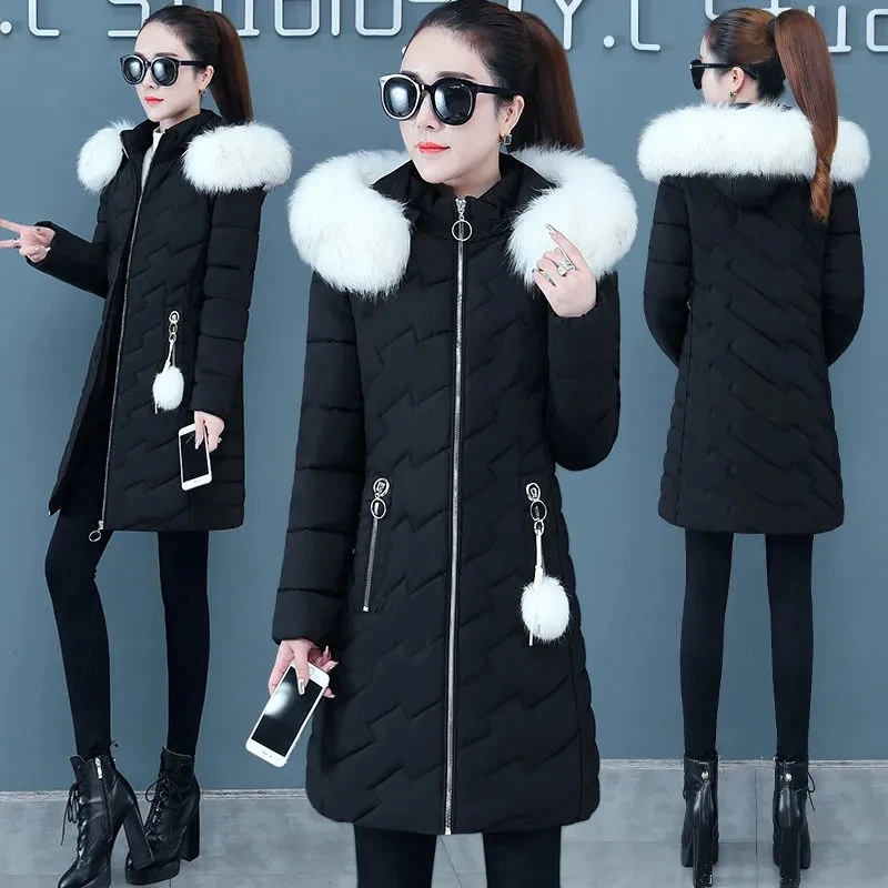 Down Cotton Coat Womens 2022 Winter New Thick Hooded Fur Collar Warm Women Padded Jacket Long Casual Fashion All-match Parkas