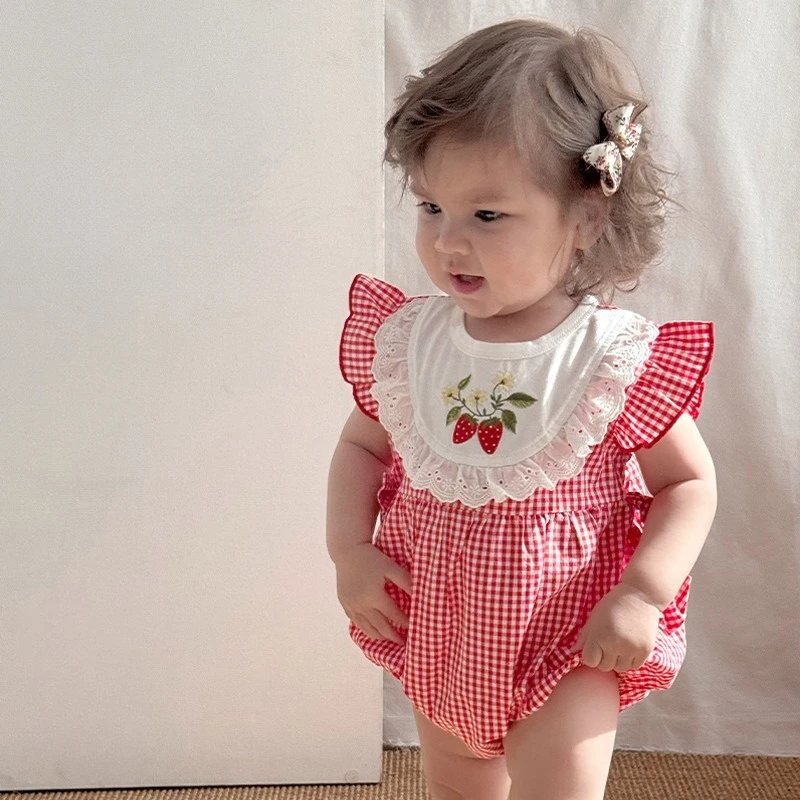 

Baby Girl Clothes Summer Outfit Strawberry Print Lattice Flying Sleeves Romper Cute Newborn Bodysuit Infant Onesie Jumpsuits