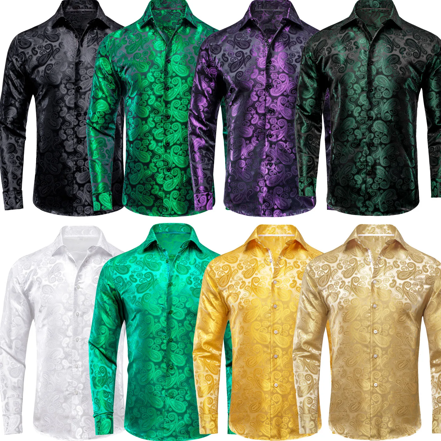 Hi-Tie Jacquard Silk Mens Shirts Lapel Long Sleeve Wedding Business Shirt Cowboy High Quality Blue Gold Green Purple White Black