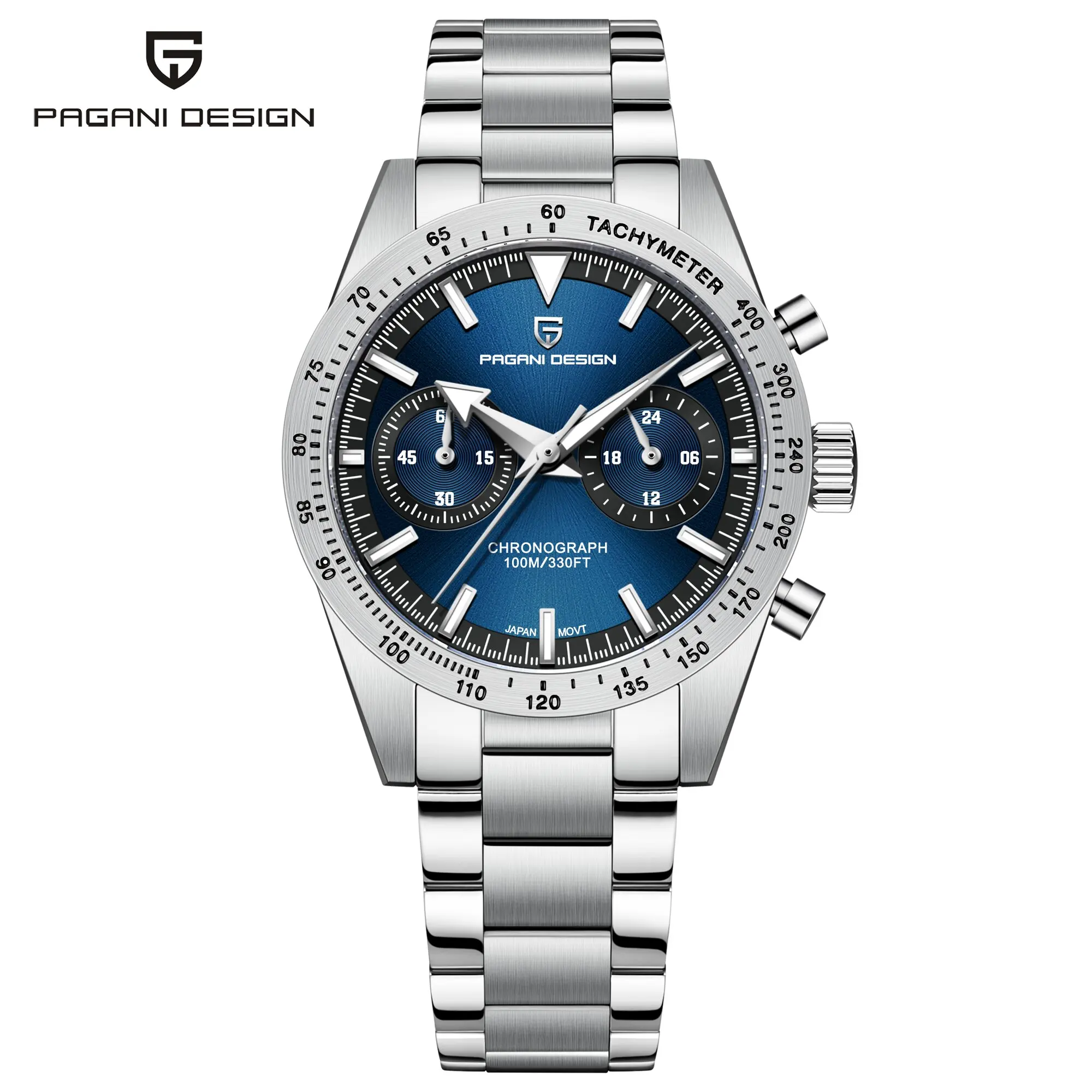 PAGANI DESIGN Chic Luxe heren quartzhorloge Urban Elegance Saffierglas AR roestvrij staal 10Bar Duiken Lichtgevende chronograaf
