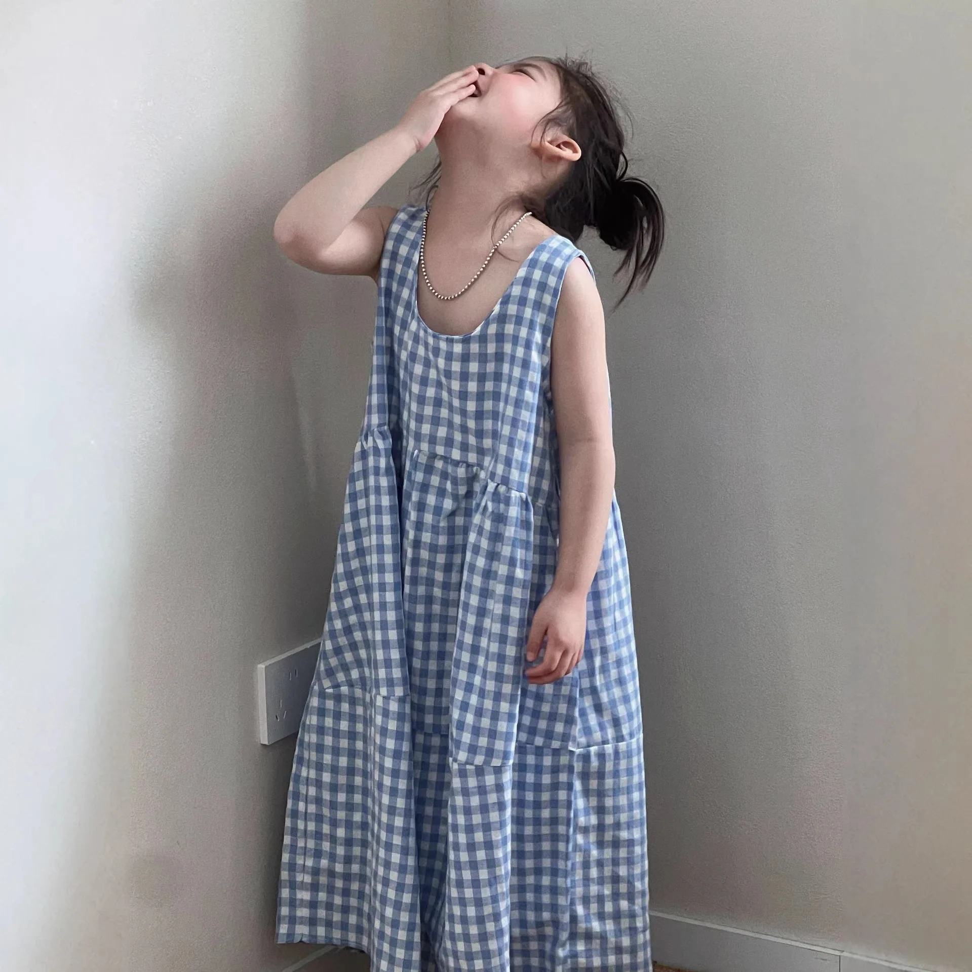 

Girls Dress 2026 New Spring Summer Children Plaid Sleeveless Vest Dress Children Princess Stylish Dress
