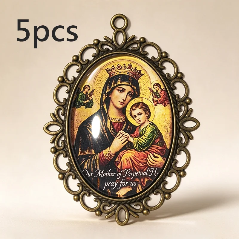 5Pcs Our Mother of Perpetual Help Pendant Vintage Bronze Frame Religious Medal Charms DIY Necklace Making Catholic Gift