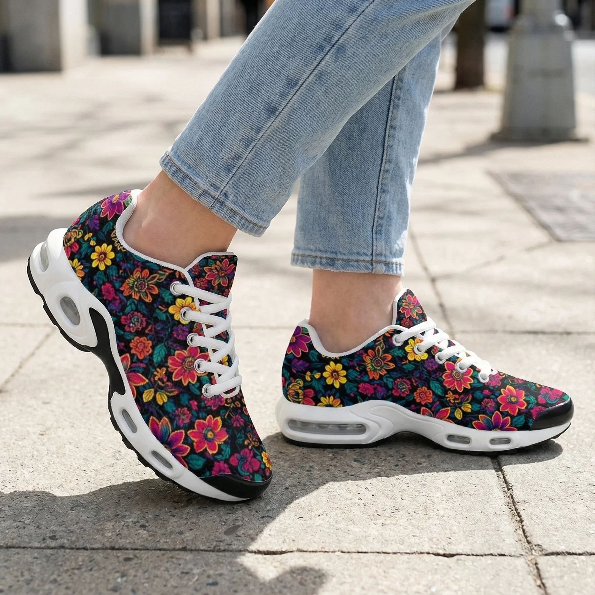 Bohemian style deep red flowers casual air-cushioned shoes breathable mesh upper athletic sneakers for woman sport shoes - view 2