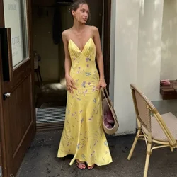 Tuularose Deep V Printed Long Dress Women Sexy Sleeveless Backless Spaghetti Strap Long Dress High Waist Party Resort Dress Robe