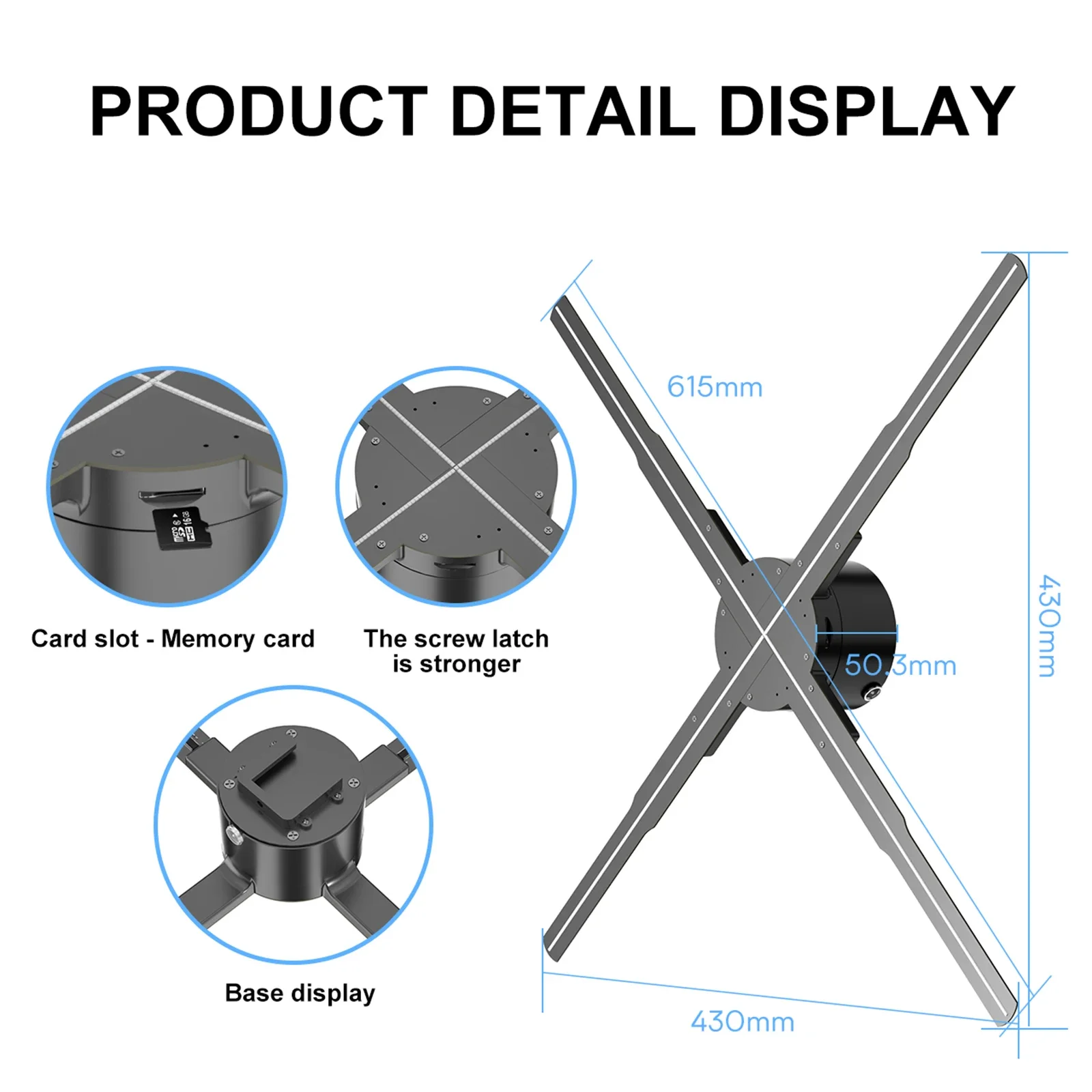 Naked Eye-Projecteur holographique 3D Wi-Fi, ventilateur de 62cm, 722LED, prend en charge l'image et la vidéo avec télécommande