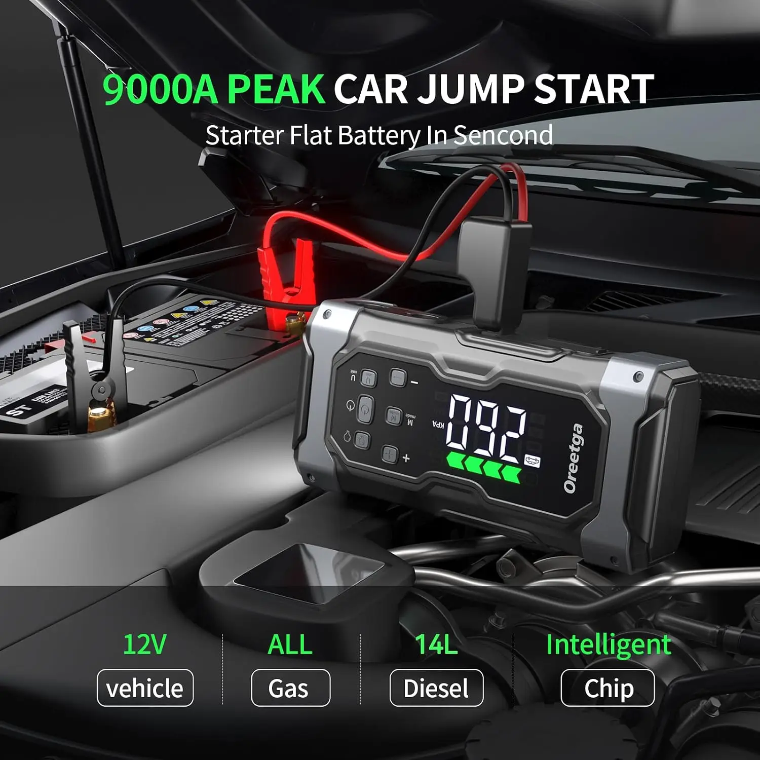 Upgraded 9000A Car Jump Starter with Air Inflator/Deflator Compressor, 9 in 1 Portable Jumper Box Power Pack Charger (All Gas/14