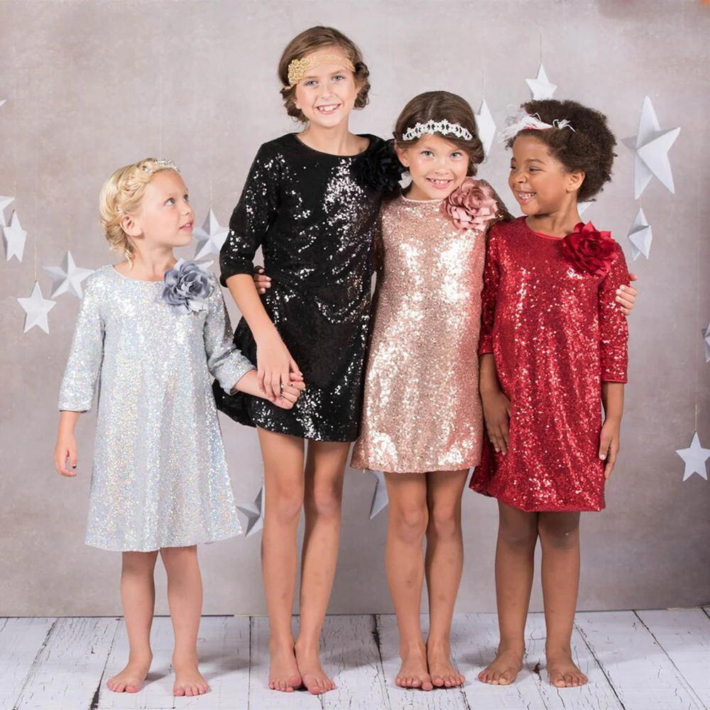 Sequined Flower Girl Dresses Simple O-Neck Above Knee Three Quarter Sleeve Perfect Holiday Christmas   Jessica 