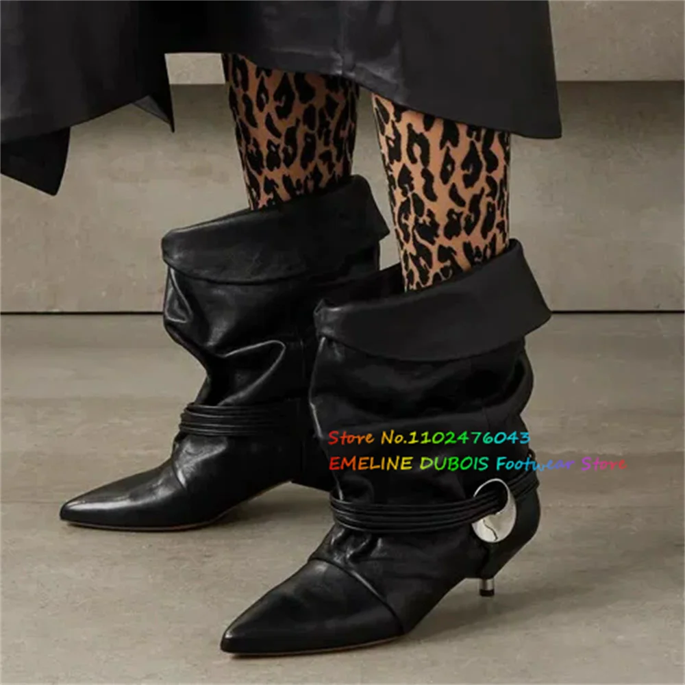 

Autumn and Winter Leather Cat Heel Fashion Boots Women Pointed Toe Folding Pile Pleated Western Luxury Sexy Party Mid Calf Boot