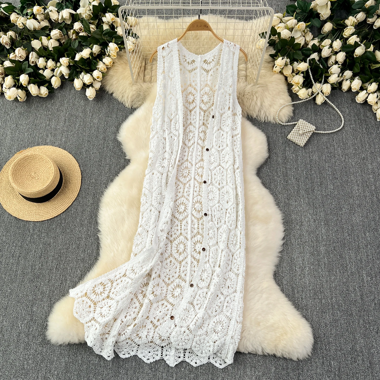 Longline Crochet Cardigan Button Front Sleeveless Sheer Open-knit Long Cover-up Jacket Women Summer Beach Vacation Outfit