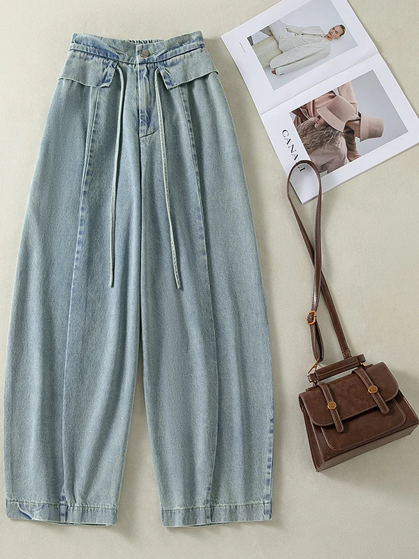 

Retro Korean Style Casual Patchwork Denim Wide Leg Pants Women's Summer New Loose Slimming Versatile High Waist Jeans