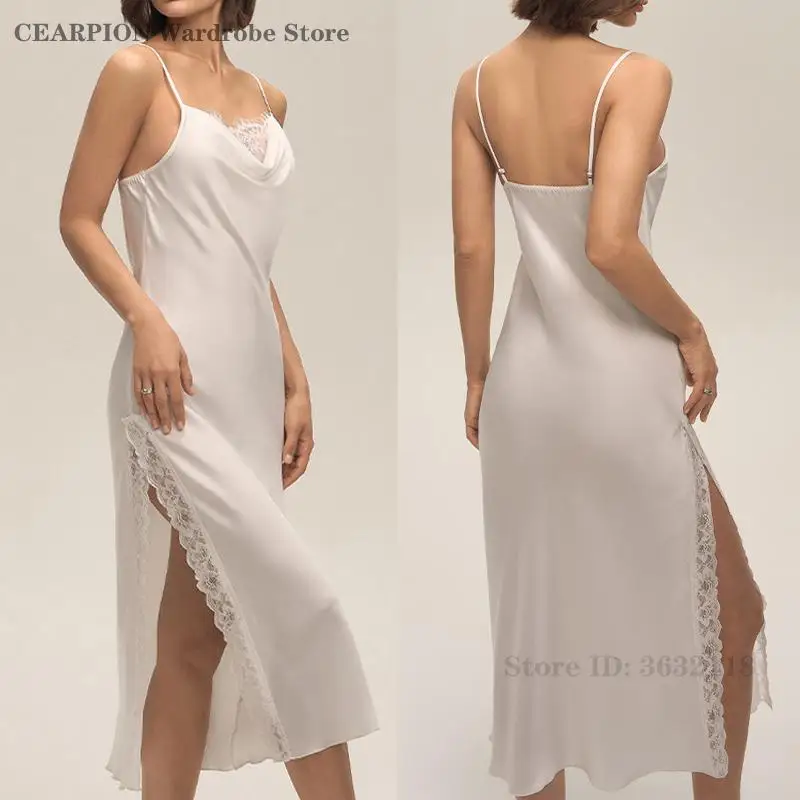 

Летняя длинная ночная рубашка на тонких бретельках, сексуальная кружевная домашняя одежда с разрезом, женская одежда для сна, нижнее белье, белая атласная домашняя одежда, одежда для дома