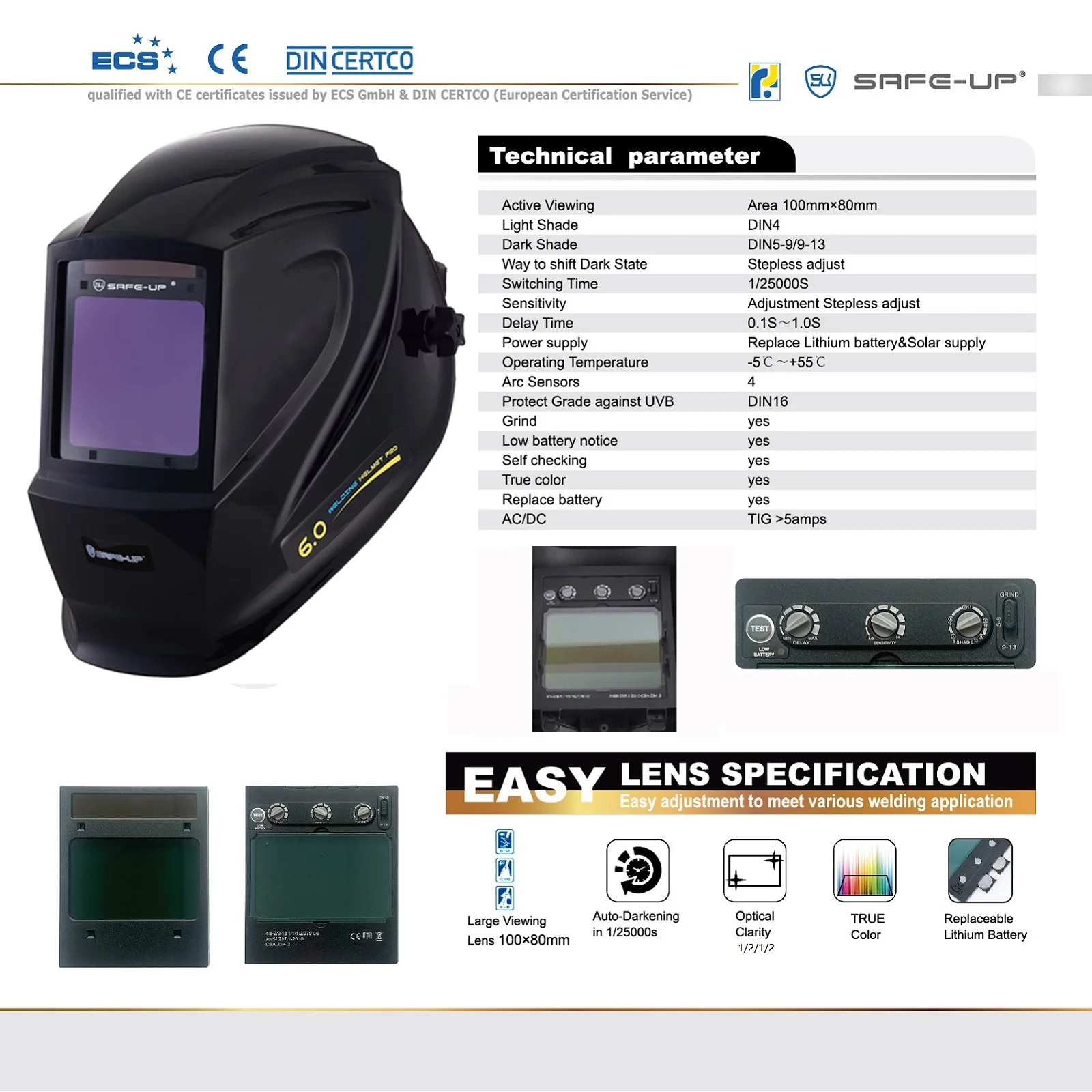 SAFE-UP Welding Helmet MIG MAG TRUE Color 4 Sensors  Side View Panoramic 180° Auto Darkening Welding Mask for Welder Machine
