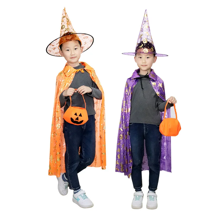 New Halloween Cloak Wizard Hat Suit Children's Day Dance Party Performance Dress Up Bronzing Pattern Cosplay Grim Reaper Costume